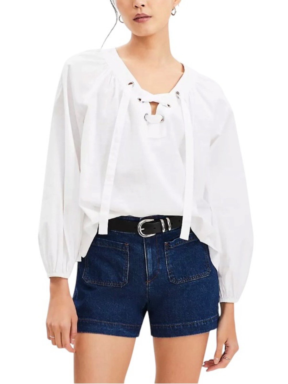 LOFT Women’s Long Sleeve Lace-Up 100% Cotton Blouse XL Classic White